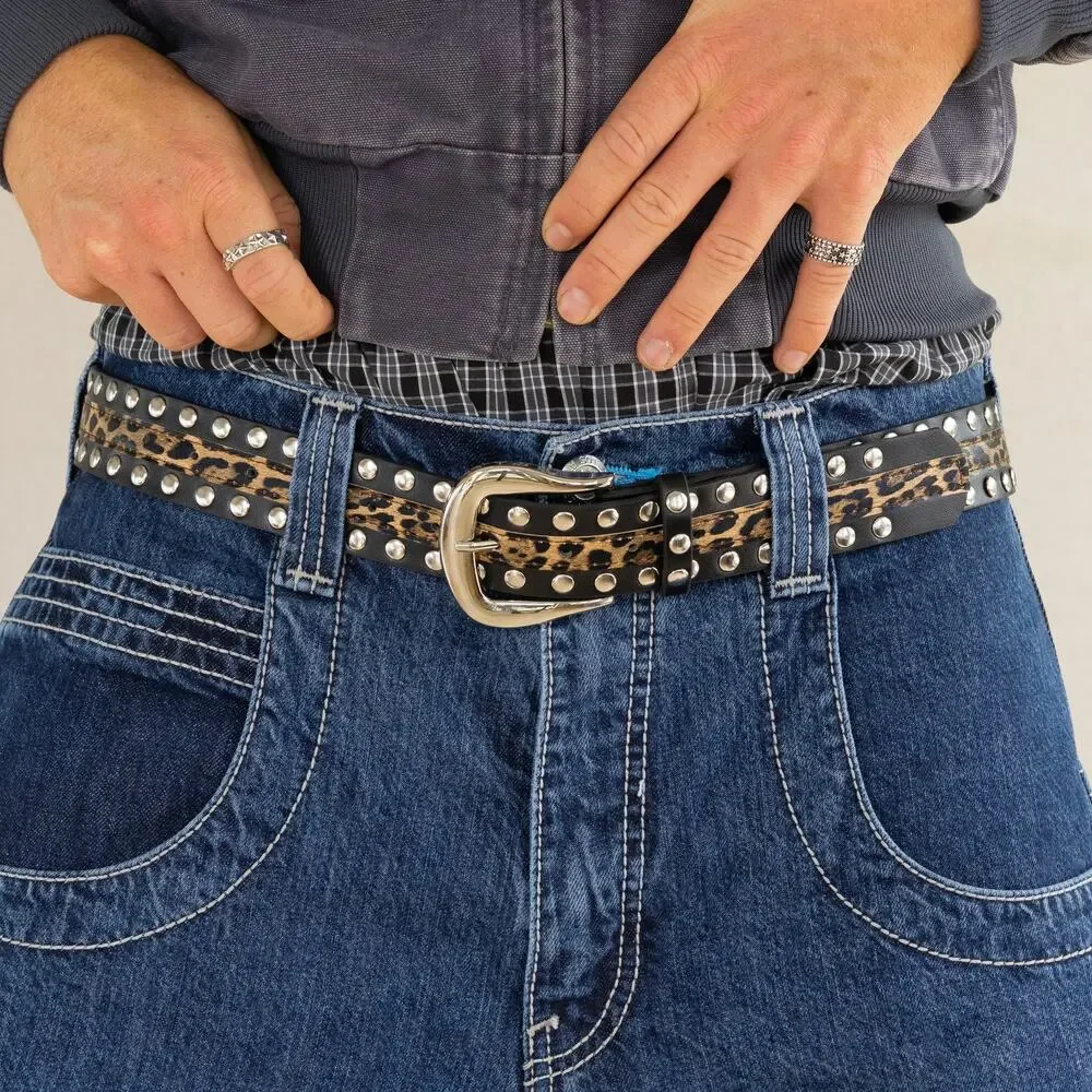 Vintage Leopard Studded Leather Belt Silver Buckle Y2K Punk Grunge Unisex